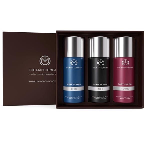 The Man Company Bleu + Noir + Rouge Deodorant Body Spray Perfume Gift Set For Men Pack Of 3 X 120ml - 4.05 Fl.oz. Each | Premium Long Lasting Deo For Boys - With Basil, Vetiver & Amberwood Notes