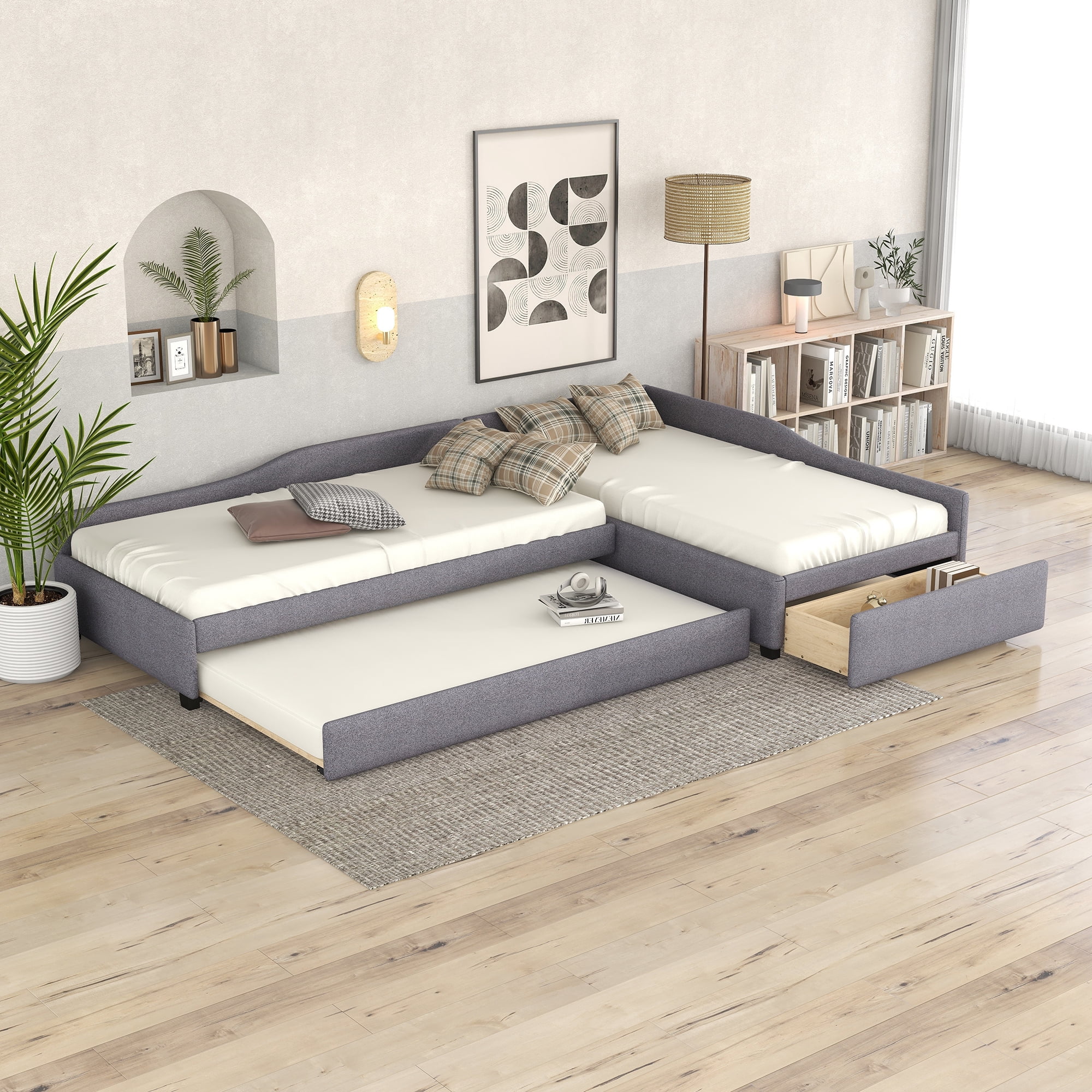 MODERNLUXE Lit de Jour Taille Simple Rembourré avec Tiroir de Rangement, Lit Plateforme Double en Forme de L avec Lit Gigogne, Gain de Place, Gris
