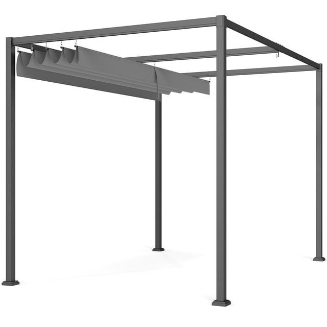 Outsunny 10' x 7' Patio Pergola with Retractable Canopy featuring a dark grey powder-coated metal frame and a grey polyester canopy. The pergola includes an adjustable, retractable canopy for customizable shade and UV protection. Suitable for patios, gardens, or outdoor gatherings, it measures 9.8 feet in length, 7 feet in width, and 7.3 feet in height. The canopy size is 9.2 feet by 6.3 feet. Designed for durability and easy assembly.