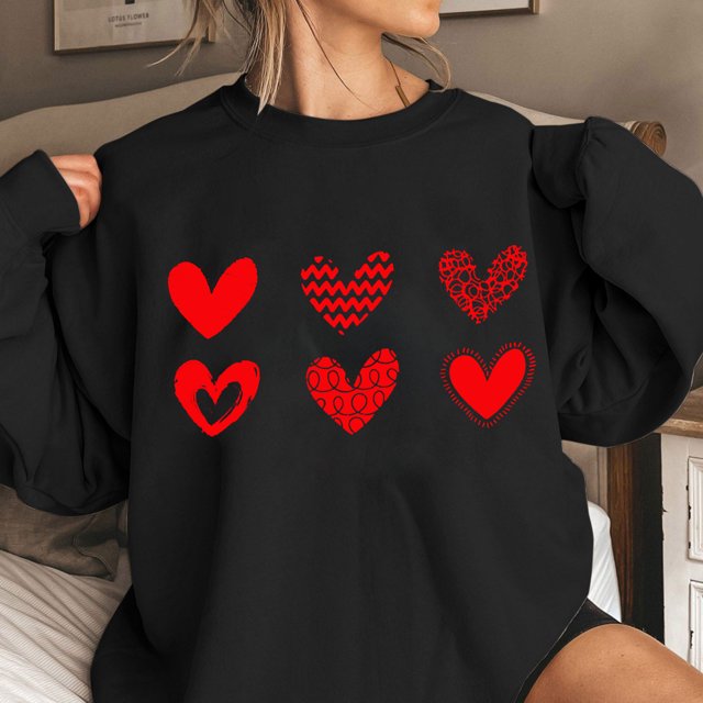 Qertyioot Chandail Cœur d'Amour Saint-Valentin, s Imprimé Mode Femme Manches Longues Col Rond Imprimé Blouse Ample Hauts