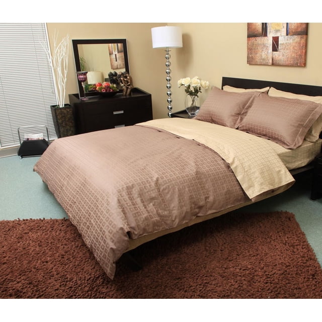 Bliss Duvet Cover Set in taupe and ivory with a 400 thread count dobby geometric pattern, made from 100% Egyptian cotton. Includes duvet cover and pillow shams displayed on a bed in a bedroom with dark wood furniture and a silver floor lamp. Often used to enhance bedroom comfort and style.
