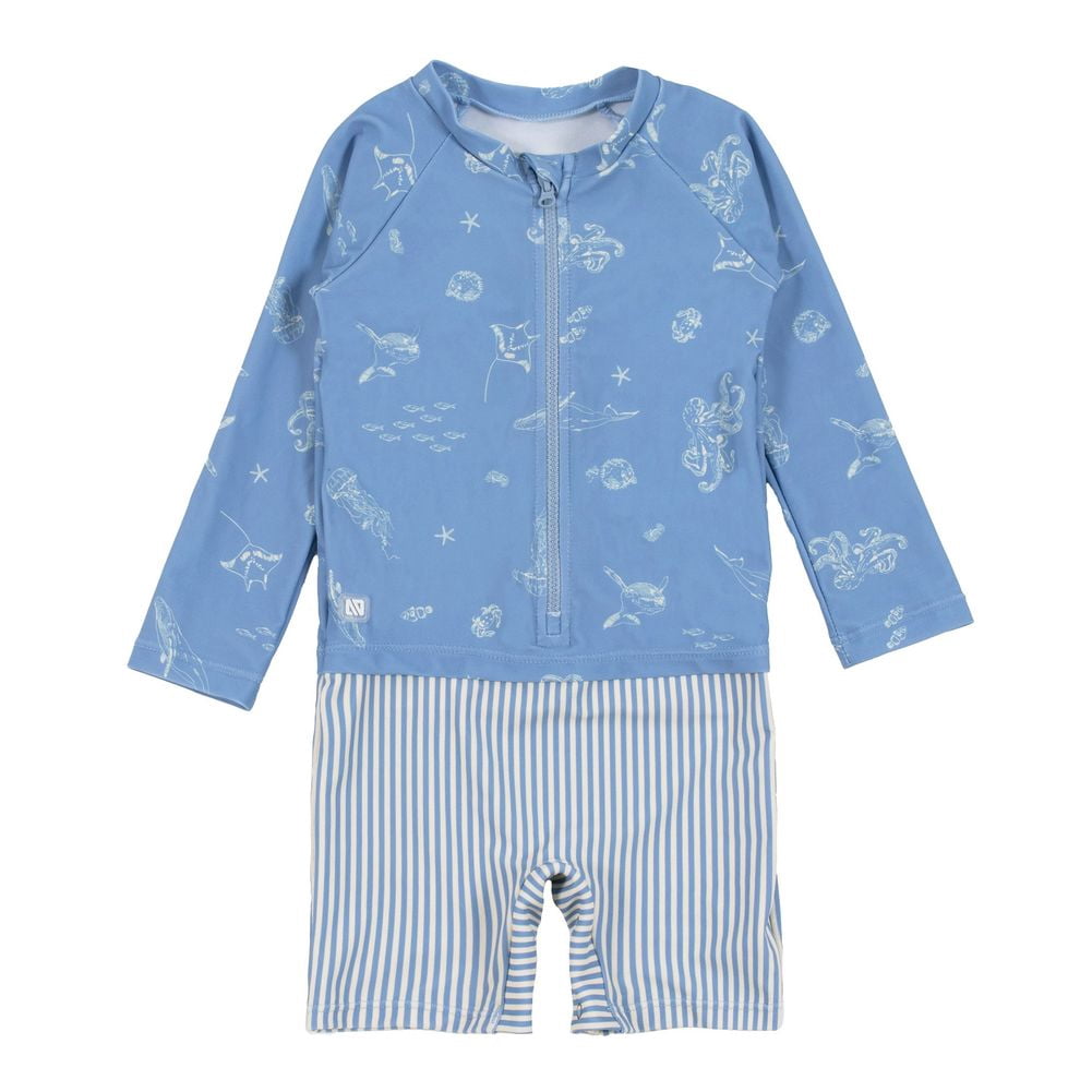 Nano One-Piece Rashguard Boys Swimsuit (UBF 50+) - Pale Blue Stripes (12-18 Months)
