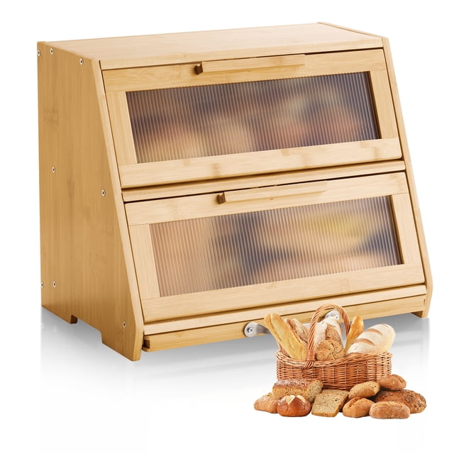 VEVOR Double Layer Bread Box for Kitchen Counter Bamboo Storage Container Natural