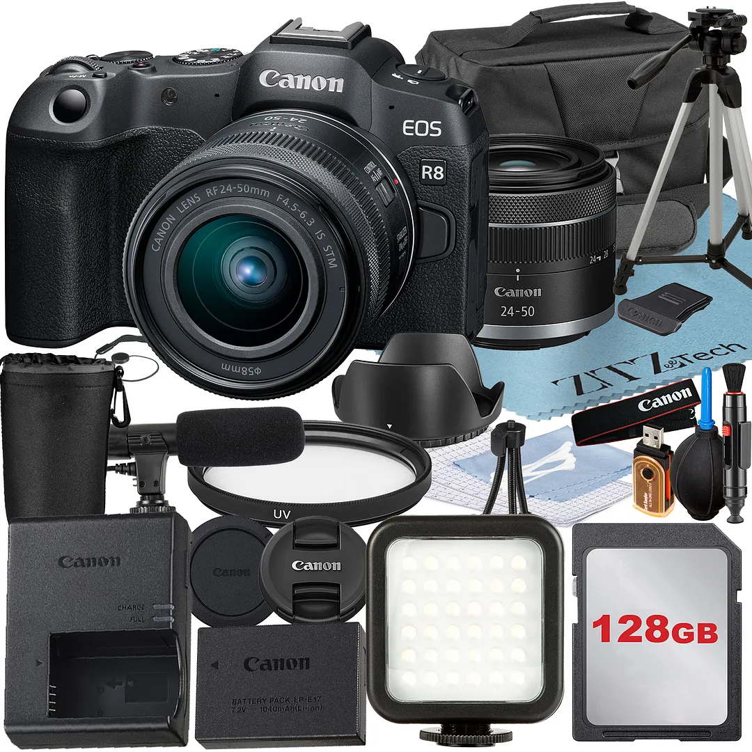 Canon EOS R8 Mirrorless Camera with RF 24-50mm Lens + 128GB Memory Card + Case + LED Flash + ZeeTech Accessory Bundle