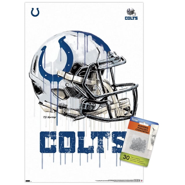 NFL Indianapolis Colts - Affiche Murale Drip Helmet 20, 22,375 Pouces x 34 Pouces Présentant une Vue avant Centrée d'Un Casque de football Argent avec un logo de Fer à Cheval Bleu et un Masque Facial Noir, avec des Effets de Goutte de Peinture Bleue et du Texte Colts Bleu Vieilli Ci-Dessous, Imprimée sur Papier d'Affiche Lustré avec des Supports de Punaises Transparents Inclus pour une Suspension Facile et Sans Dommages, Convient à la Déco de Chambre à Thème Sportif.
