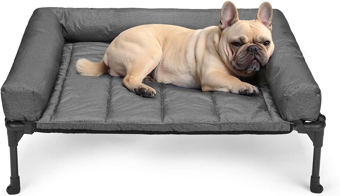 32.0"L x 25.0"W x 7.0"Th Black SilverCooling Elevated Dog Bed Add Removable Waterproof Bolster Cushion Mat, Raised Pet Cot with Breathable Teslin Mesh, No-Slip Feet, Dog Couch Bed for Indoor Outdoor,