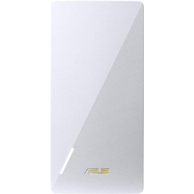 ASUS RP-AX58 AX3000 Dual Band WiFi 6 Range Extender with a white rectangular design, glossy diagonal accent, and gold ASUS logo, extending wireless coverage up to 2,200 sq. ft. and supporting multiple smart devices.