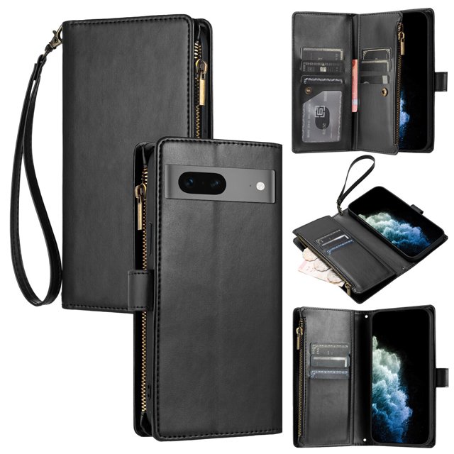 Compatible avec Google Pixel 7 Étui Portefeuille Premium à Fermeture Éclair Grand Espace à Rabat en Cuir PU