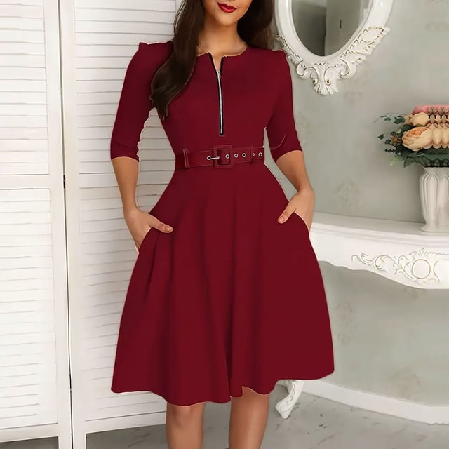 Ovzne Robes Grande Taille pour Femmes aux Formes Robe pour Femme Robe d'Été Décontractée Unie avec Ceinture et Fermeture Éclair Robe à Manches Longues Robe de Vacances à Manches Longues Liquidation