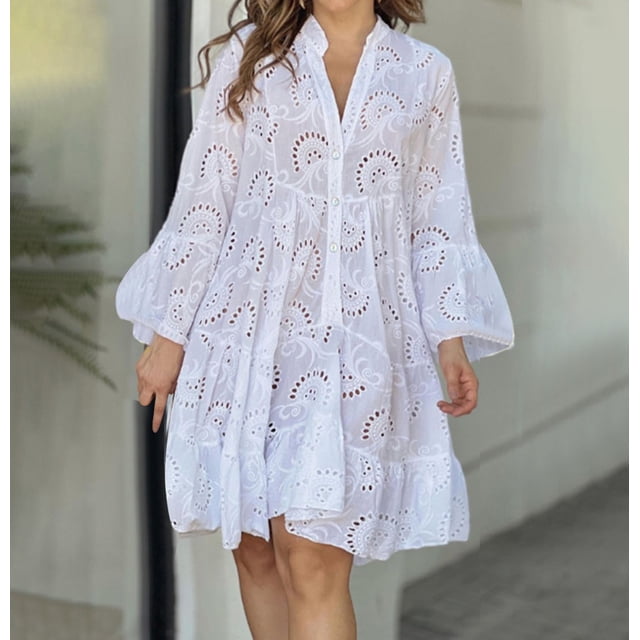 Jienlioq Robe Femme Liquidation Mode Femme Col en V Uni Broderie Patchwork Dentelle Bouton Robe Manches Longues