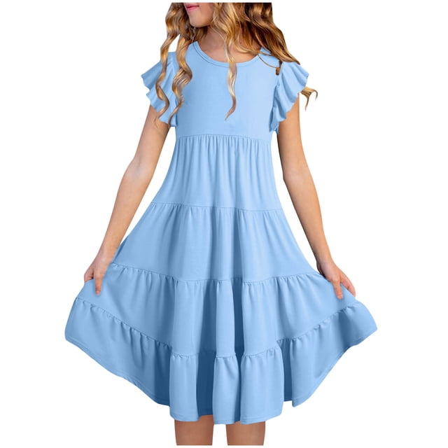 Penkiiy Robe Unie d'Été pour Filles, Nouvelle, Manches Courtes, Volants, Poches, Col Rond, 8-9 Ans, Bleu