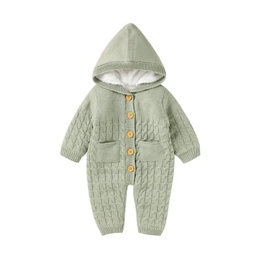 Xingqing Newborn Baby Boy Girl Sweater Romper Long Sleeve Buttons Knitted Hooded Jumpsuit Winter Warm Clothes Green 12-18 Months