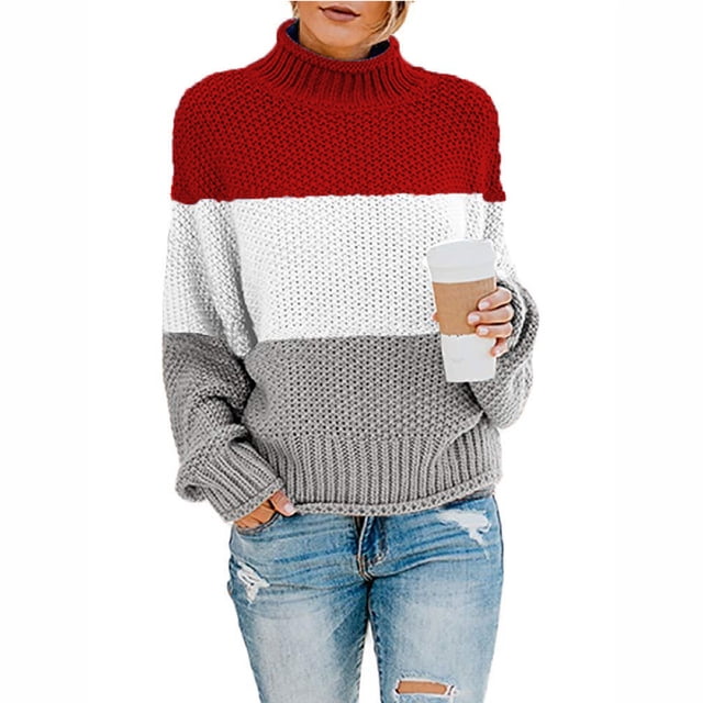 Frostluinai Women's Color Block Chunky Sweaters Turtleneck Long Sleeve Oversized Pullover Drop Shoulder Loose Fit Sweaters Comzy Sweaters