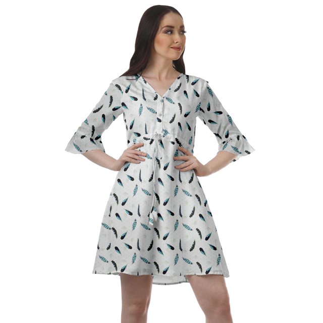 Moomaya Robe Courte à Cordon Imprimée pour Femmes, Col en V, Manches à Volants, Robe d'Été