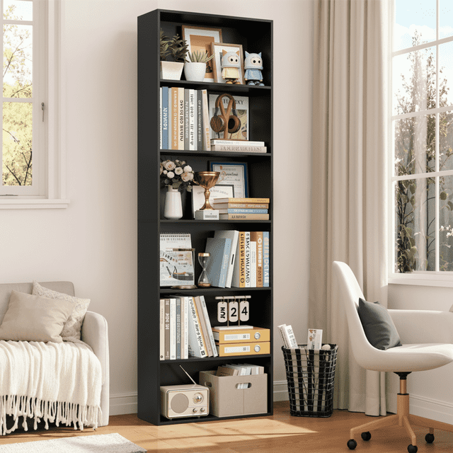 Homfa 6 Tier Tall Bookshelf and Bookcase in black, designed for living rooms, home offices, or libraries. This 71-inch tall bookcase features six spacious shelves for books, decor, and storage, made of durable E1 grade MDF wood. Displayed in a bright living room setting with books, plants, and decorative items. Includes an anti-toppling device for safety and stability, ideal for organizing office furniture or creating a library storage solution.