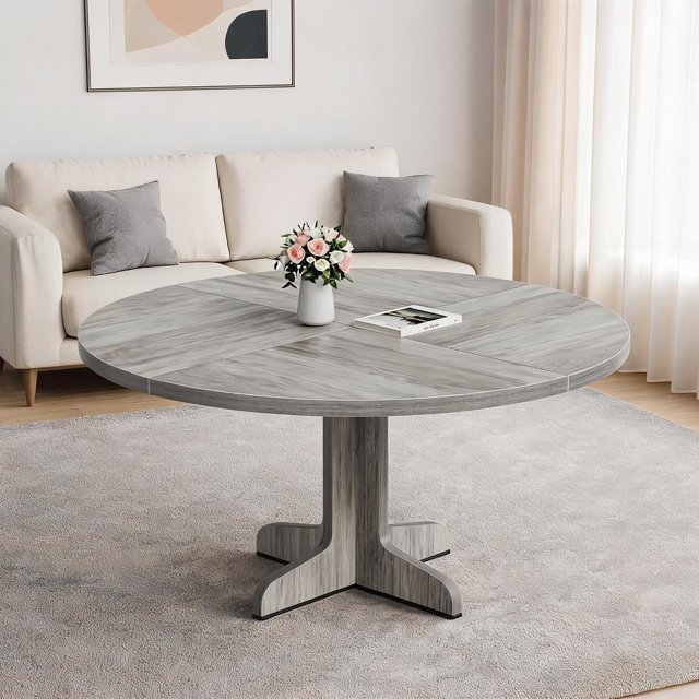 47.2" Round Dining Table for 4-6 People, Modern Kitchen Table with Thick Engineered Wood Top and Sturdy Wood Base, Round Dinner Table for Dining Room, Kitchen, Living Room,Grey