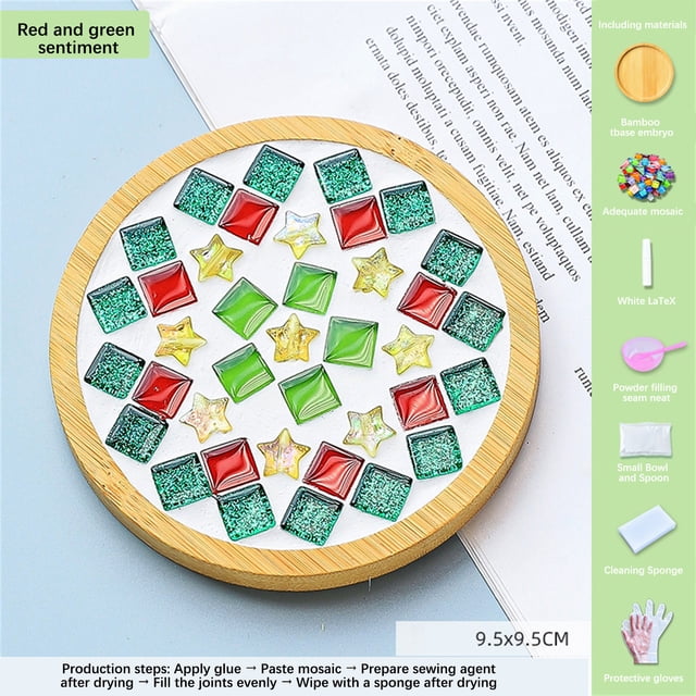 RKSTN Kitchen Utensils Set Kitchen Essentials Crafts Mosaicss Tile Set Wooden Cup Mats Mixed Color Mosaicss Set Crafts Pack 6ml. The image shows a DIY mosaic craft kit featuring a circular wooden base with colourful mosaic tiles in red, green, and yellow star and square shapes. The kit includes materials such as white glue, a small bowl and spoon, sealant, sponge, and gloves, designed for creating decorative cup mats. The mosaic design is vibrant and arranged symmetrically, ideal for arts and crafts activities for kids and beginners.