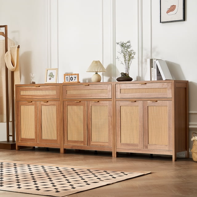 KFFKFF Wicker Furniture Trio Pack featuring a wicker storage unit with six magnetized doors and three drawers. The cabinet is crafted with a natural wood finish and hand-woven rattan doors, blending vintage and modern aesthetics. It includes adjustable shelving, cable management holes, and an anti-tip feature for safety. Displayed in a bright, minimalist room with decorative items on top, showcasing its versatility for entryways, foyers, or lounges.