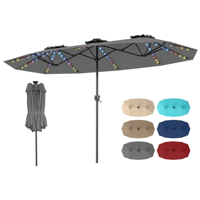 Costway Double-Sided Patio Umbrella with Color-Changing Flowing Solar LED Lights Crank Lift Gray