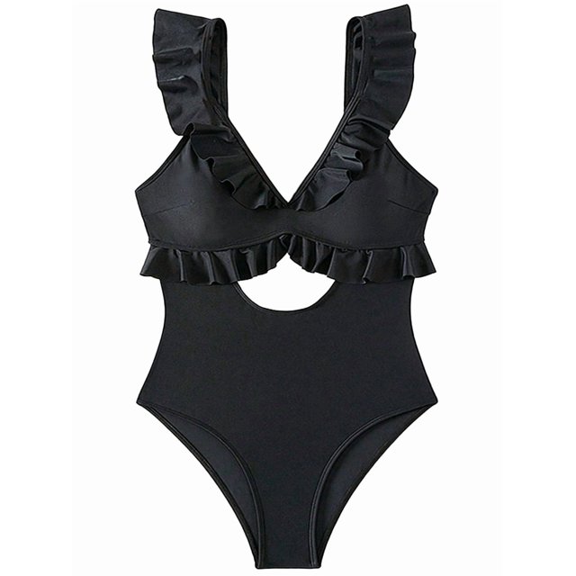 One Piece Swimsuit for Women Tummy Control Ruffle Bathing Suit V Neck Ruched Swim Suit Slimming Cutout Swimwear Black M