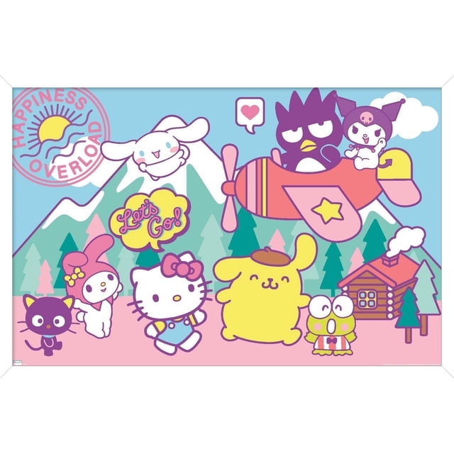 Hello Kitty and Friends - Happiness Overload Wall Poster, 14.725" x 22.375" framed, depicting Hello Kitty and six friends in a colorful cartoon landscape with pastel mountains, pine trees, and a log cabin, featuring a yellow dog with a beret, a pink bunny, a black cat, a green frog in a bow tie, a white bunny, and two characters flying a red and pink airplane with a star on the wing, plus a speech bubble saying "Let's Go!" and a sun emblem labeled "Happiness Overload." This lightweight framed poster is easy to hang and ideal for decorating bedrooms, offices, or dorm rooms.