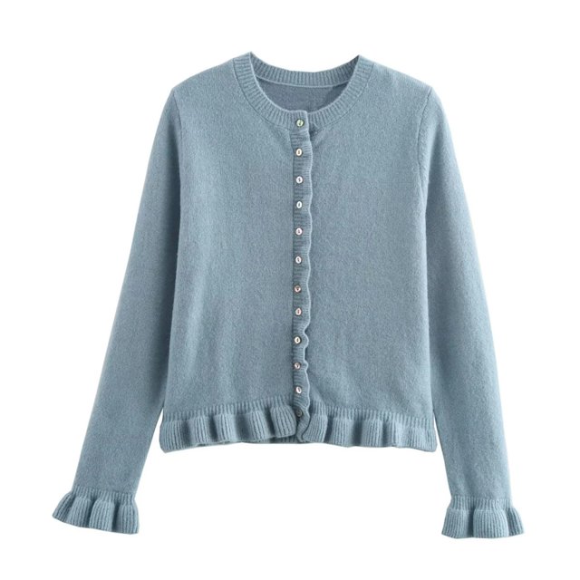 ManxiVoo Veste en Tricot à Garniture Superposée pour Femme, Bordure Décorative, Cardigan Décontracté, Manteau Confortable, Haut, Taille g, Bleu