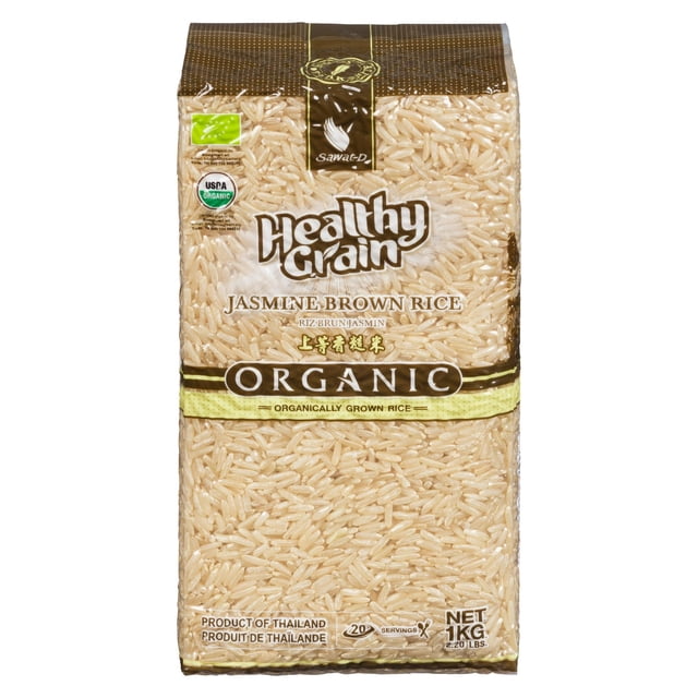 Sawat-D Healthy Grain Organic Brown Jasmine Rice in a 1 kg vacuum-sealed clear bag showing light brown Thai jasmine rice grains, USDA organic certified, suitable for easy home cooking and a staple grain in Asian diets.