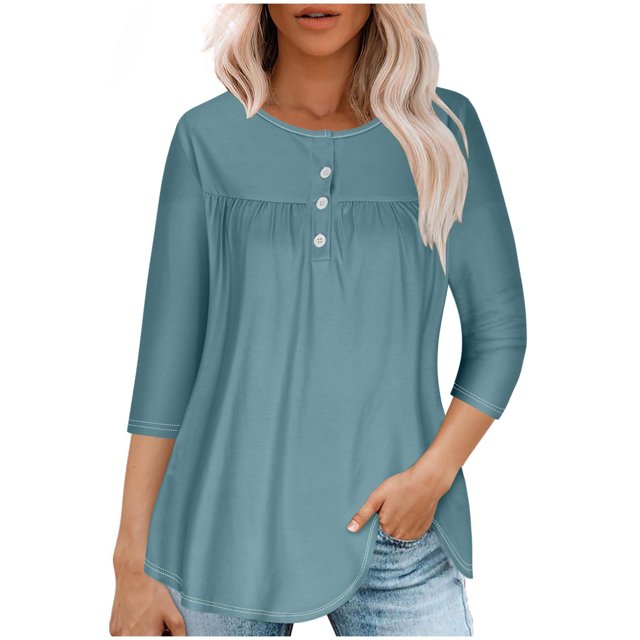 RXIRUCGD Women Casual Summer Solid T-shirt Quarter Sleeve Round Neck Ruched Pullover Blouse Tops, Green, Size: L