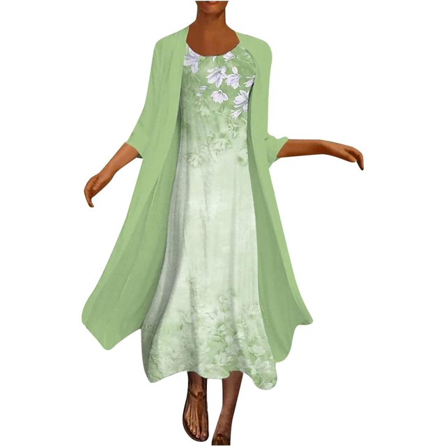 ORUYROP Robe en Chiffon pour Femmes Manches 3/4 Invité de Mariage Élégante Robe Fluide Longueur Genou Ensemble Deux Pièces Robe Formelle Vintage