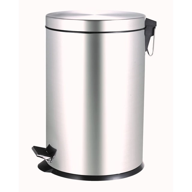 Mainstays 12 Litre Round Stainless Steel Pedal Garbage Waste Bin with a brushed stainless steel cylindrical body, fingerprint-resistant finish, black plastic base, and a heavy-duty pedal for hands-free opening. It includes a removable inner bin and carry handle for easy trash removal, suitable for home waste organization.