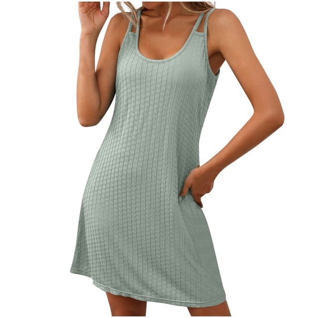 Liquidation d'Été 2025! Robe pour Femme Grande Taille, Liquidation de Robes d'Été pour Femmes, Robe d'Été Sans Manches à Col Rond Unie Décontractée et Tendance pour Femme