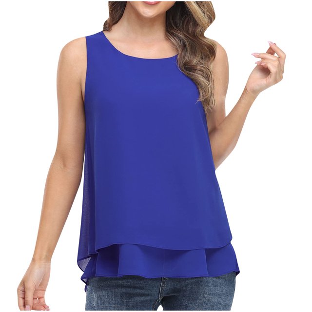 VEKDONE Chiffon Sleeveless Tank Tops for Women Summer Loose Fit Lightweight Breathable Tanks Solid Color Fake 2 Piece Plus Size Vests Blue 4X-Large