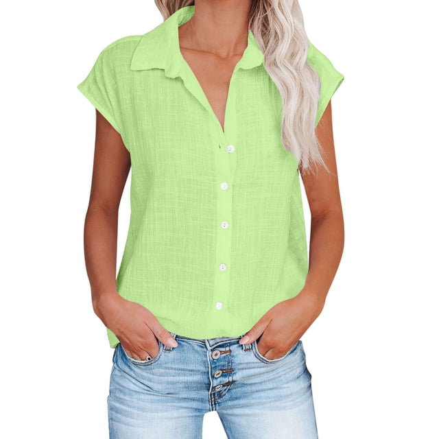 Timegard Hauts Grande Taille pour Femmes Coton Lin Manches Courtes Col en V Boutonné Blouse Décontractée
