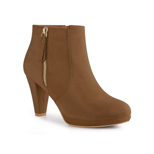 Unique Bargains Bottines à Plateforme à Bout Rond à Talon Épais pour Femme Brun (Taille 9)