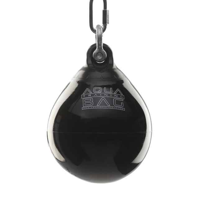 12" 35lb. ATB Training Bag - Black Eye front view of a black, water-filled vinyl slip ball punching bag with metal shackle and Aqua Training Bag logo, designed for boxing and MMA training to improve head movement, timing, and strike accuracy.