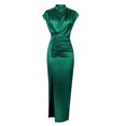thumbnail image 4 of AherBiu Robe en Satin pour Femmes Élégante à Manches Cap, Col Montant, Froncée, Fendue, Soirée, Cocktail, Maxi, 4 of 5