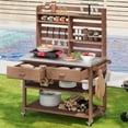 thumbnail image 3 of Noble House 64.9" Outdoor Potting Bench & Kitchen Island, Solid Wood with Upper Hutch, Stainless Top & Towel Rack,Brown, 3 of 8