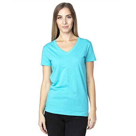 T-Shirt à Manches Courtes Col en V pour Femmes - Bleu Pacifique - L