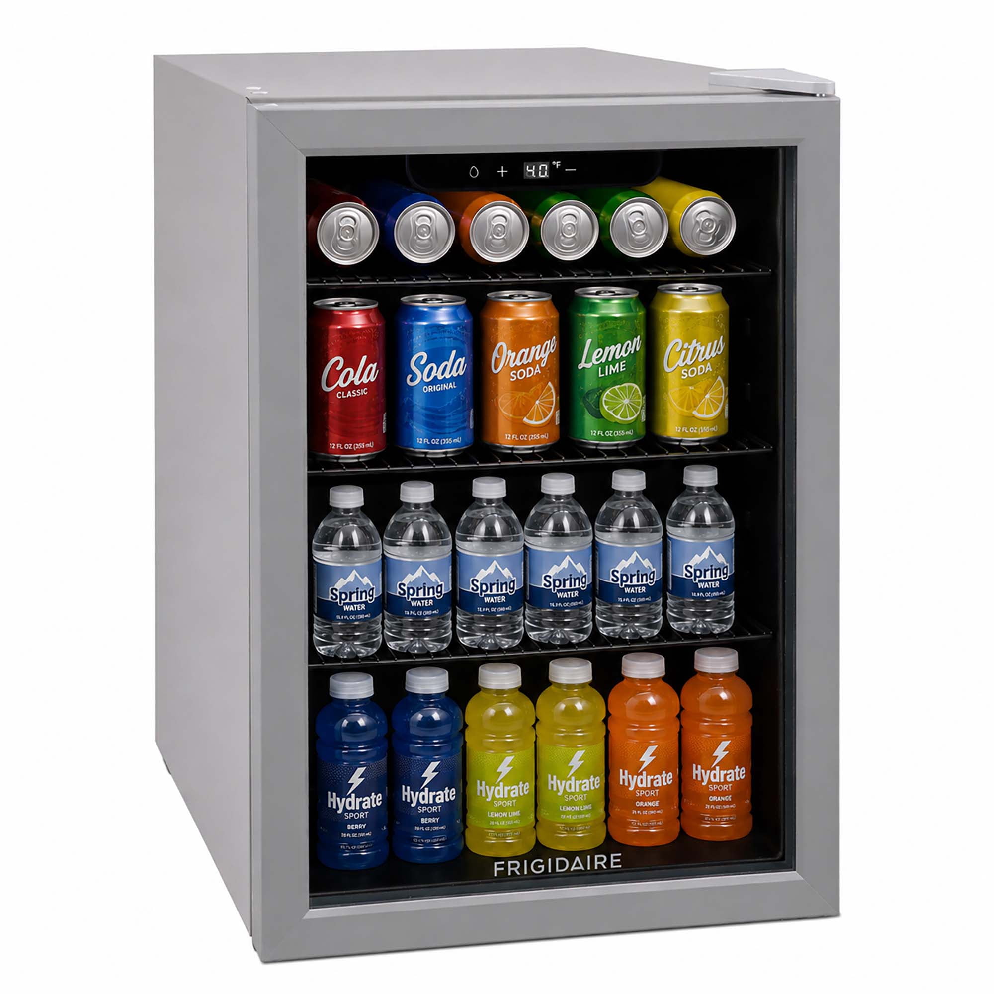 Frigidaire 88 Can/25 Bottle Beverage Refrigerator, 2.6 Cu. ft. Glass Door Mini Fridge, Grey