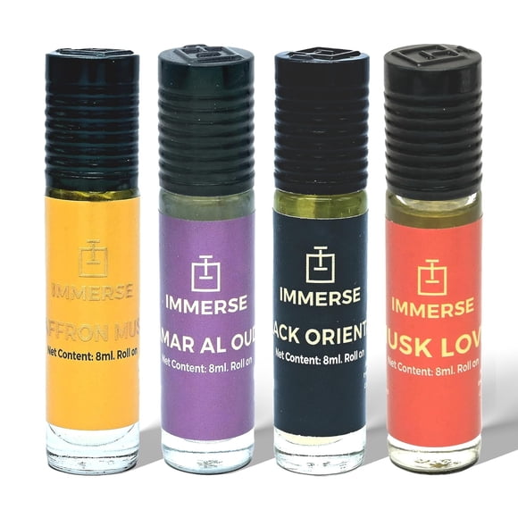 Immerse Saffron Musk + Samar Al Oudh + Black Oriental + Musk Love Attar Roll On Perfume Set For Men & Women Pack Of 4 X 8ml - 0.27 Fl.oz. Each | Premium Long Lasting Ittar- Non Alcoholic Unisex Attar
