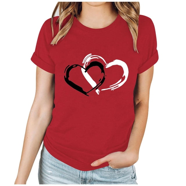 BLVB T-Shirts de la Saint-Valentin pour Femmes Cœur Mignon T-Shirts Graphiques Décontractés Col Rond Manches Courtes Hauts Cadeaux Tee pour Elle