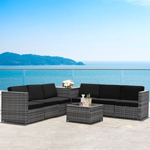 Gymax 8PCS Ensemble de meubles de conversation sectionnelle de canapé de rotin de patio avec coussin noir