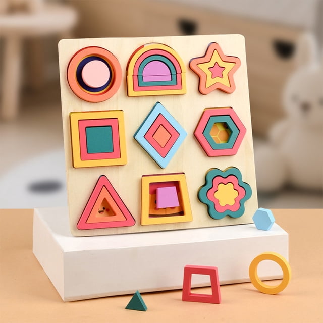 YiJuHui 1pcs Educational Wooden Geometry Puzzle Board, Shape Sorter Building Blocks, Montessori Learning Toy for Toddlers, Brain Teaser STEM Activity, Gift