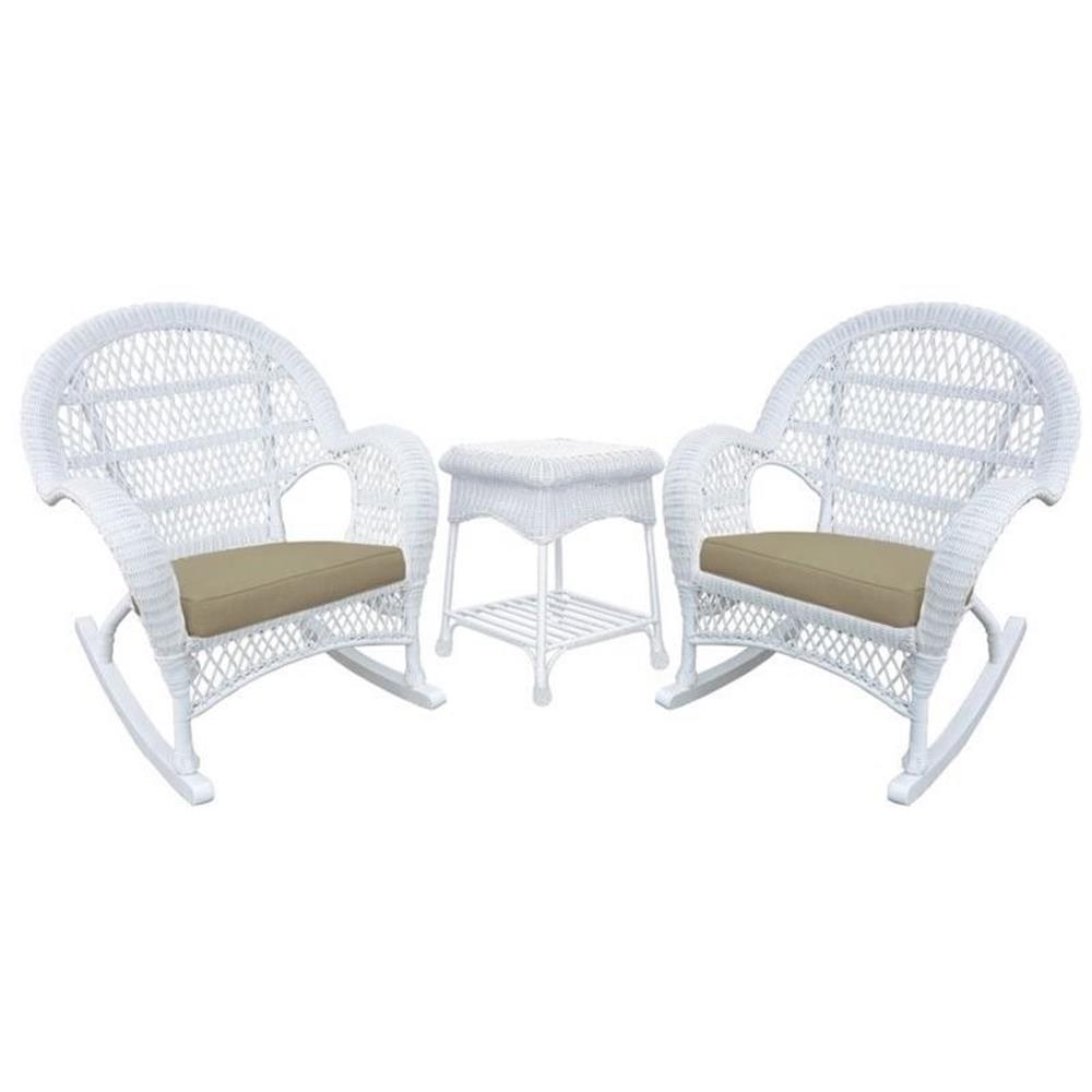 Jeco 3 Piece Wicker Conversation Set in White with Tan Cushions