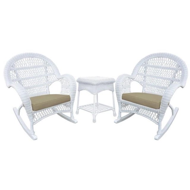 Jeco 3 Piece Wicker Conversation Set in White with Tan Cushions