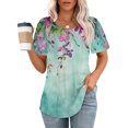 thumbnail image 2 of Hauts d'Été à Manches Courtes Femme Mode 2024 Blouses Plissées Chic Décontractées Col Rond T-Shirts de Couleur Unie (Moyen, Bleu 06), 2 of 6