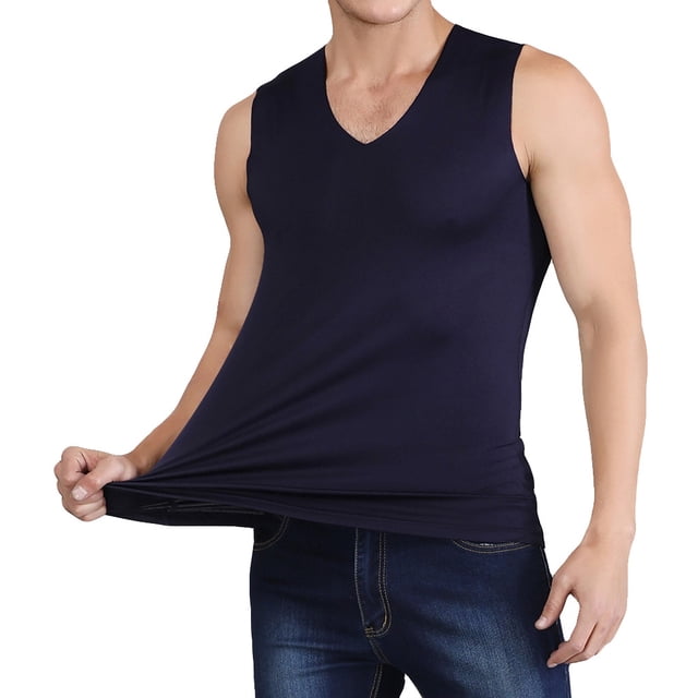 Mens Summer Ice Silk Traceless Thin Breathable Pure Color V-neck Sleeveless Top
