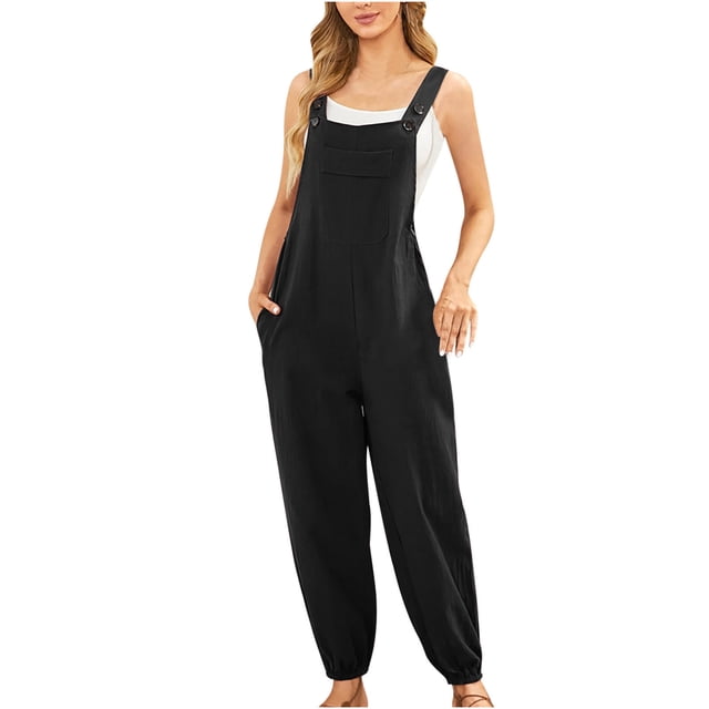 HAiming Women's Cotton Overalls Casual Loose Button Jumpsuits Adjustable Straps Wide Leg Rompers with Pockets