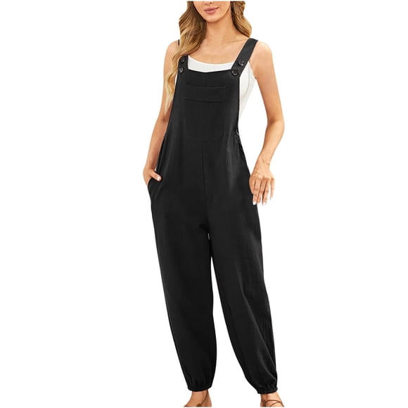 LOVZFMLL Women's Jumpsuit, Fashion Casual Cold Shoulder Jumpsuit Solid Button Suspender Wide Pocket Leg Pant Black, XL