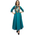 thumbnail image 1 of Bimba Robe Anarkali Classique Évasée en Coton Sarcelle avec Pompons et Foulard - 22, 1 of 6